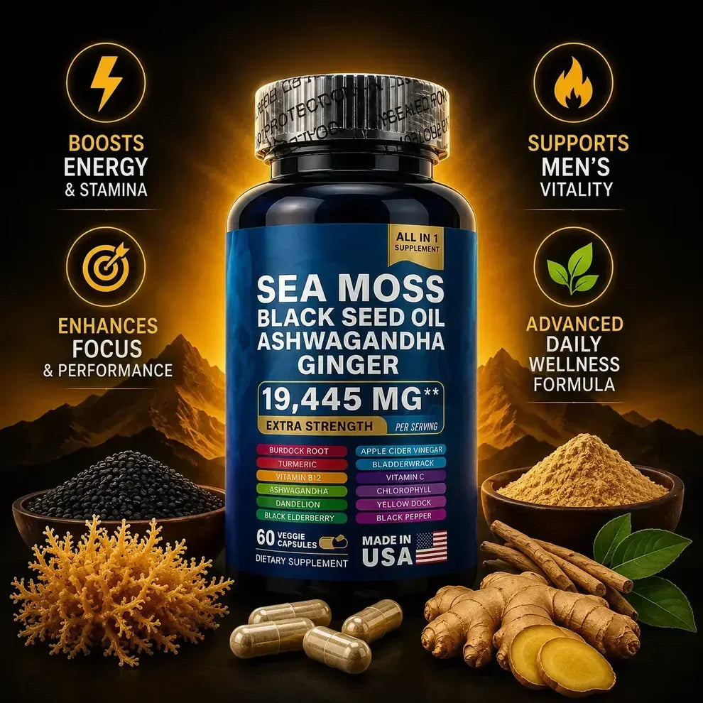 Vidonge vya Nguvu za Kiume: Sea Moss, Mafuta ya Black Seed, Ashwagandha na Tangawizi